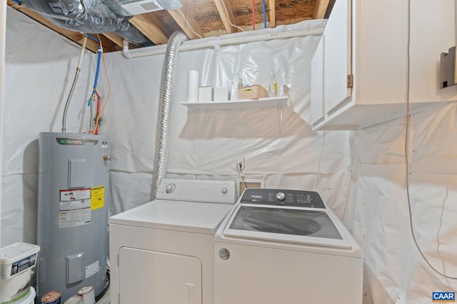 laundry area featuring laundry area, water heater, and washing machine and clothes dryer