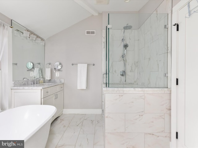 full bath featuring marble finish floor, visible vents, vaulted ceiling with beams, and a marble finish shower