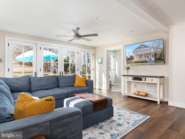 living room with french doors, recessed lighting, a ceiling fan, wood finished floors, and baseboards