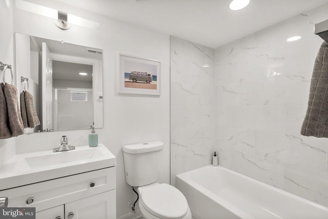 bathroom with shower / bathtub combination, vanity, toilet, and recessed lighting