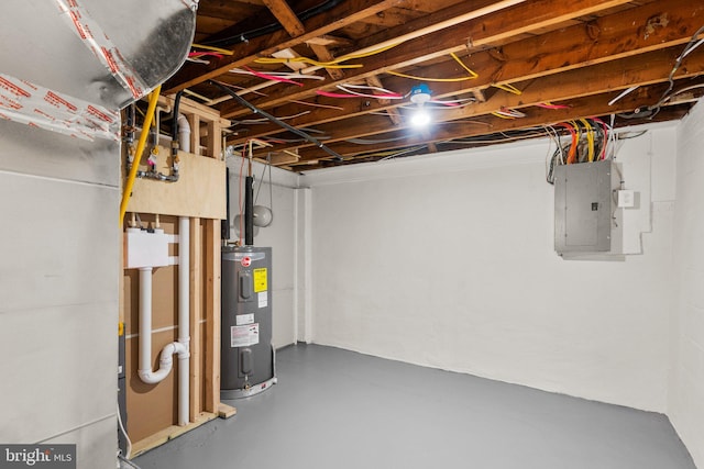 unfinished basement featuring electric panel and electric water heater