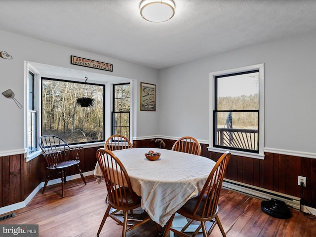 dining room with a wainscoted wall, visible vents, hardwood / wood-style floors, and wood walls