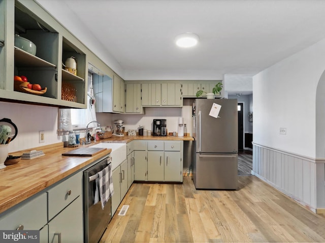 kitchen with visible vents, a wainscoted wall, light wood-style flooring, stainless steel appliances, and open shelves