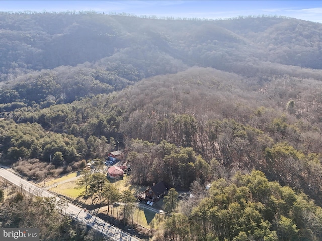 birds eye view of property featuring a mountain view and a view of trees