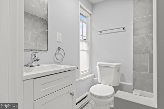 bathroom featuring a baseboard radiator, baseboards, vanity, and toilet