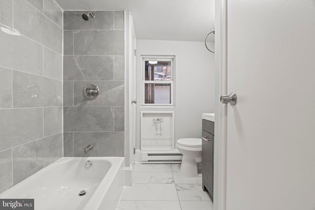 bathroom with toilet, marble finish floor, bathtub / shower combination, vanity, and a baseboard heating unit