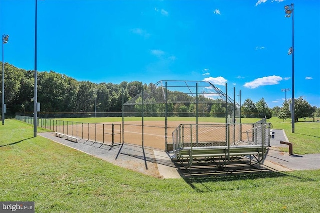 view of community featuring a yard and fence