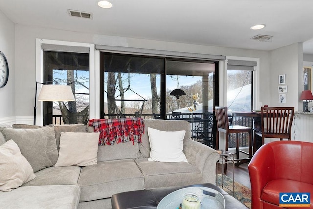 living area featuring visible vents, wood finished floors, and recessed lighting