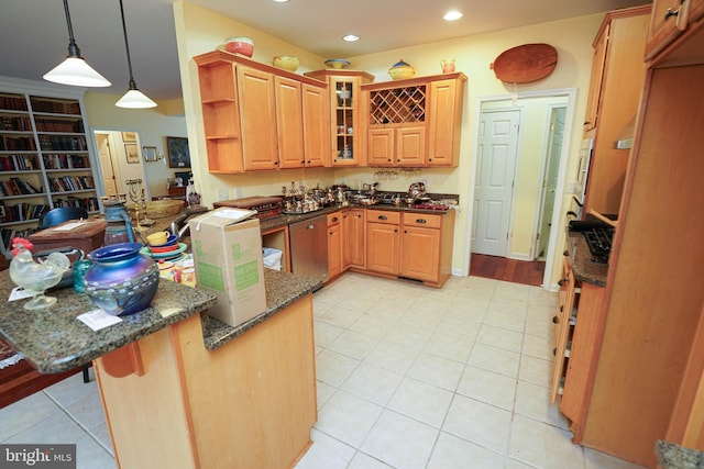 kitchen with a peninsula, hanging light fixtures, dark stone counters, open shelves, and glass insert cabinets