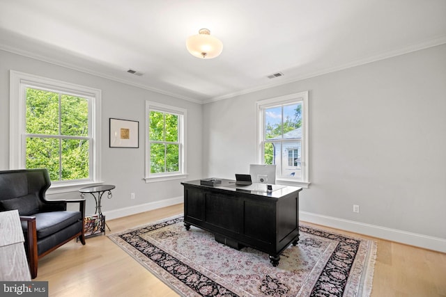 office space with a healthy amount of sunlight, visible vents, and crown molding