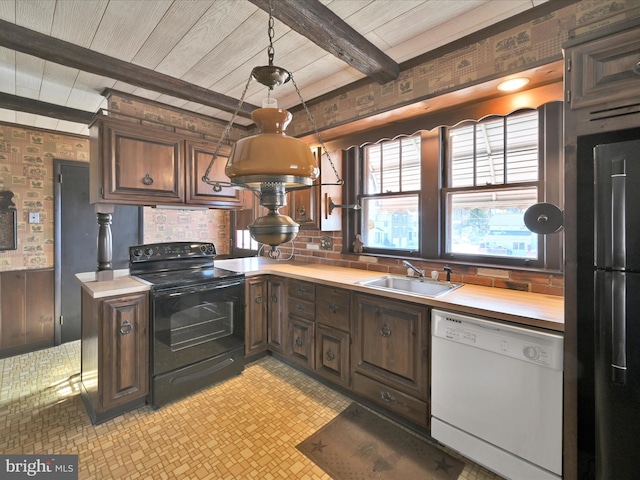 kitchen with light countertops, black range with electric stovetop, white dishwasher, a sink, and beamed ceiling