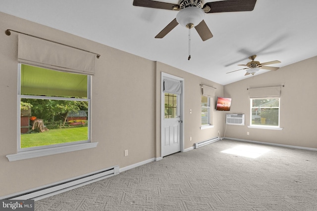 spare room with lofted ceiling, a baseboard radiator, a wall mounted air conditioner, and light colored carpet