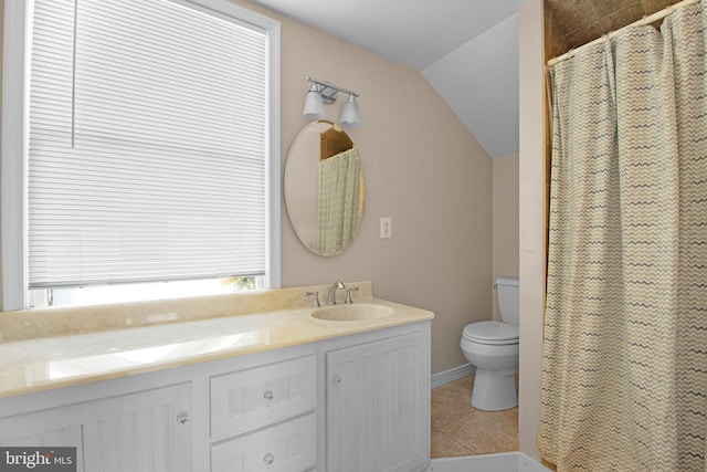 bathroom with toilet, a shower with shower curtain, vanity, vaulted ceiling, and tile patterned floors