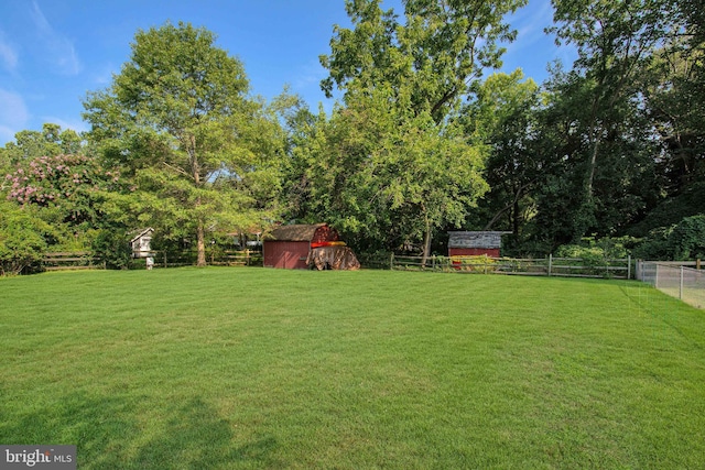 view of yard featuring a storage shed, an outbuilding, and a fenced backyard