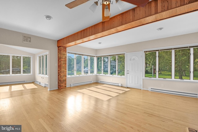 unfurnished living room featuring baseboard heating and light wood-style floors