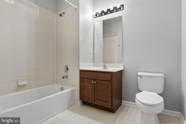 bathroom with baseboards, toilet, shower / tub combination, tile patterned flooring, and vanity