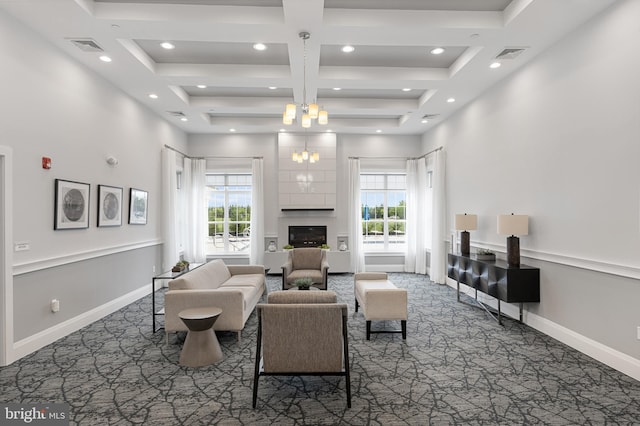 living area with visible vents, coffered ceiling, a towering ceiling, a fireplace, and dark carpet