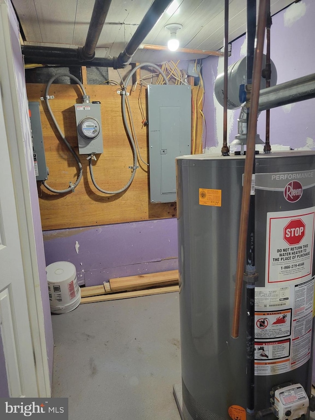 utility room featuring electric panel and water heater