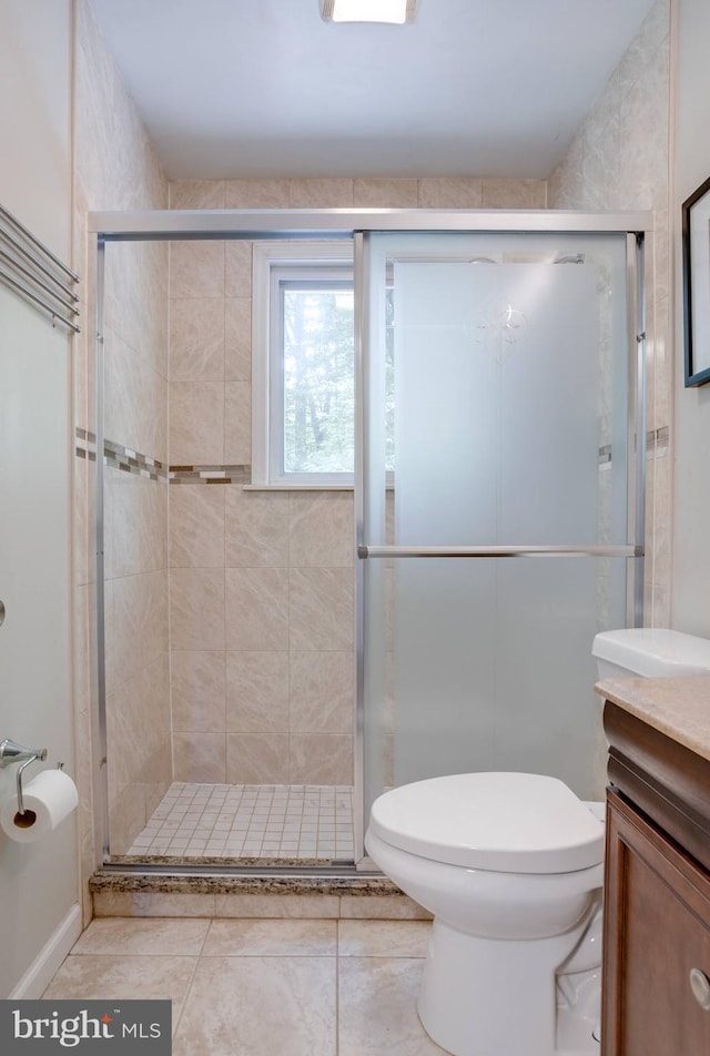 7424 Nancemond St, Springfield, VA 22150 - full bathroom featuring vanity, tile patterned floors, a stall shower, and toilet