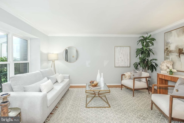 living area with ornamental molding, wood finished floors, and baseboards