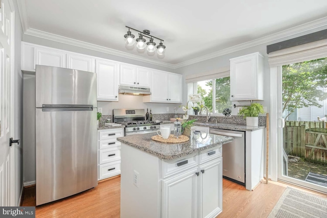 kitchen with appliances with stainless steel finishes, under cabinet range hood, light wood-style floors, white cabinetry, and light stone countertops