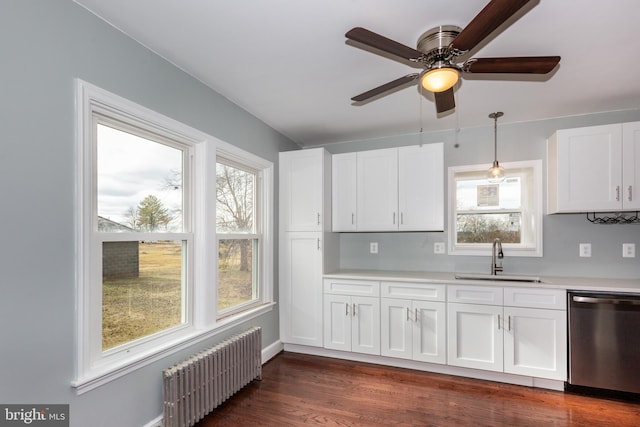 kitchen with dark wood-style flooring, radiator heating unit, white cabinets, a sink, and dishwasher