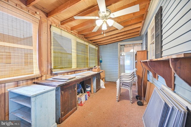 sunroom with lofted ceiling with beams, wooden ceiling, and ceiling fan