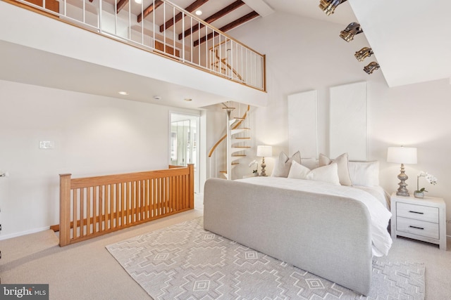 carpeted bedroom featuring beam ceiling, high vaulted ceiling, and baseboards