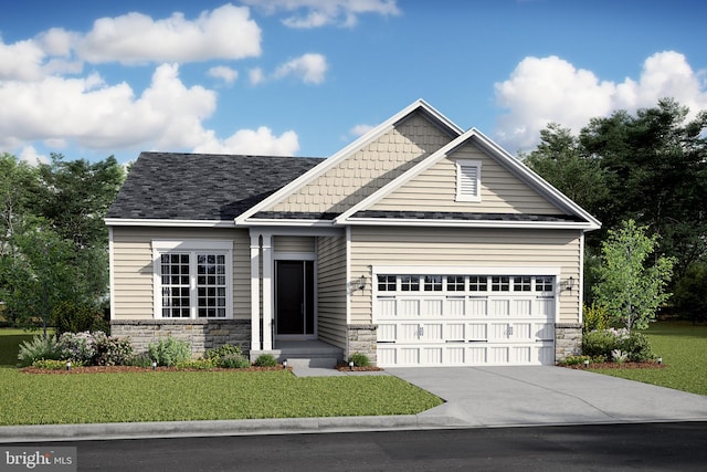 craftsman house featuring stone siding, an attached garage, driveway, and a front yard