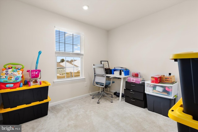 office space featuring carpet floors, recessed lighting, and baseboards