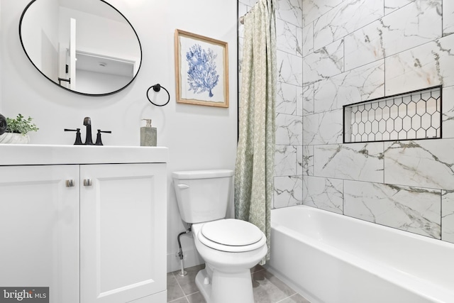 bathroom featuring tile patterned floors, vanity, toilet, and shower / bathtub combination with curtain