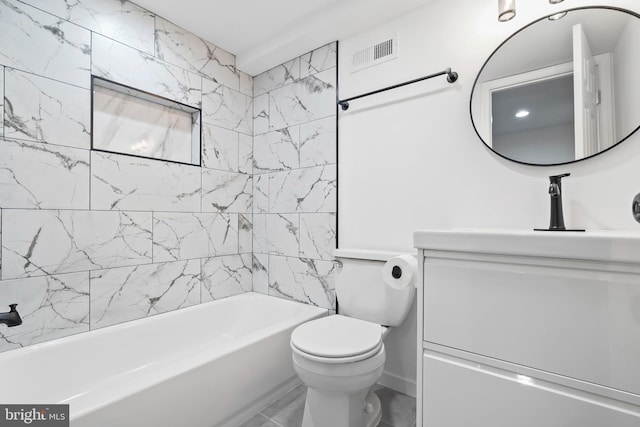 full bathroom with shower / washtub combination, visible vents, vanity, and toilet