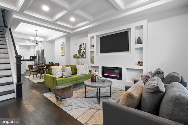 living area featuring coffered ceiling, dark wood-type flooring, stairs, beam ceiling, and recessed lighting