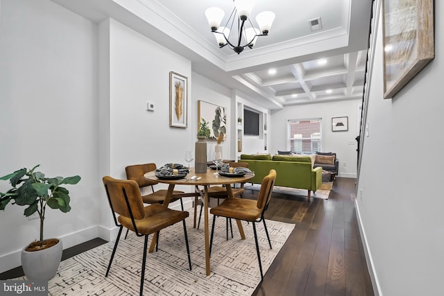 dining room with a chandelier, coffered ceiling, wood finished floors, and baseboards