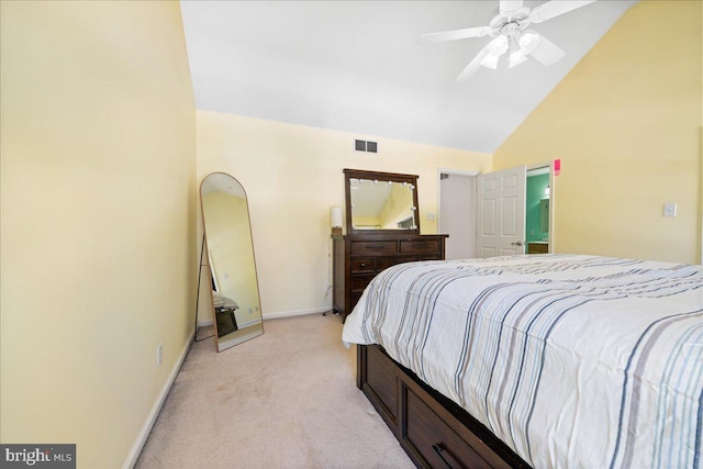 bedroom featuring lofted ceiling, light colored carpet, visible vents, a ceiling fan, and baseboards