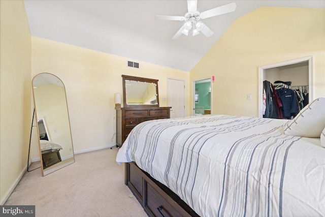 bedroom with visible vents, light carpet, vaulted ceiling, ceiling fan, and baseboards