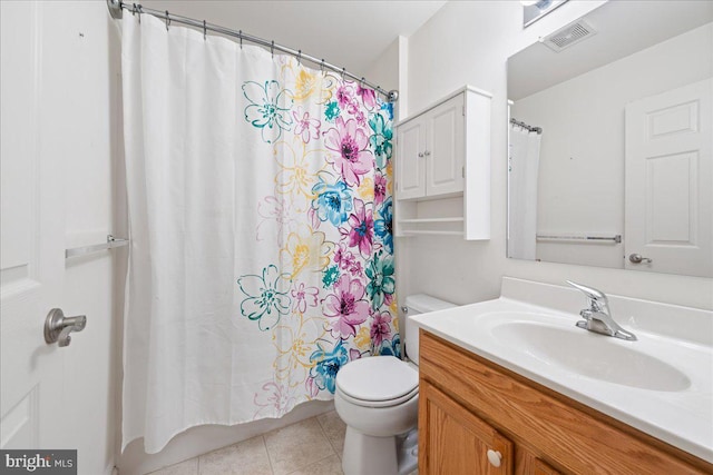 bathroom with tile patterned flooring, toilet, a shower with shower curtain, vanity, and visible vents