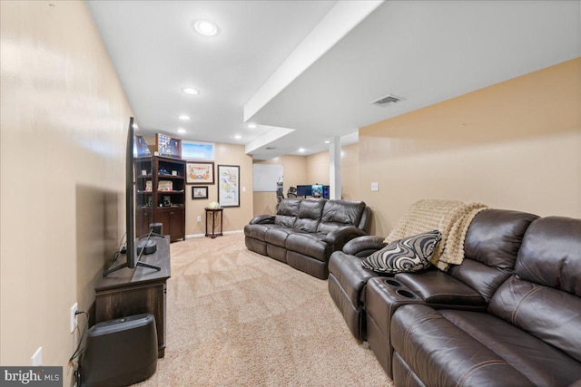 living room with recessed lighting, baseboards, visible vents, and carpet flooring