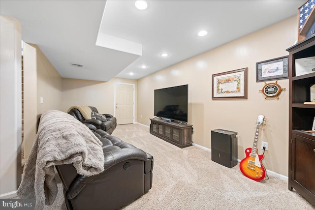 living area featuring recessed lighting, light carpet, visible vents, and baseboards