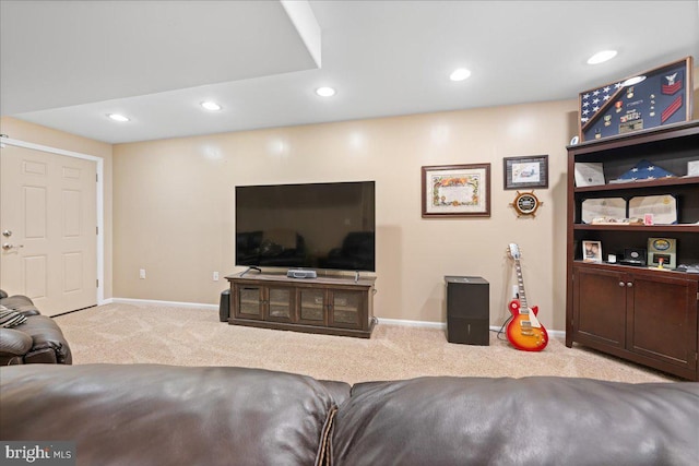 living room with light carpet, baseboards, and recessed lighting