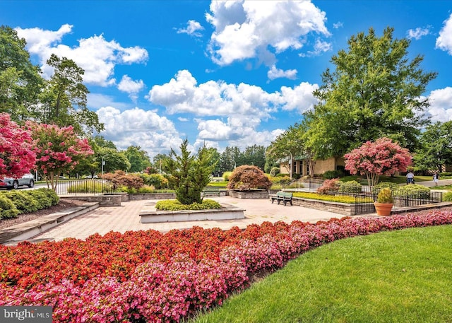 view of property's community featuring a lawn and fence