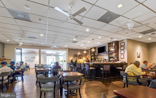 dining space featuring wood finished floors, a dry bar, a ceiling fan, and a paneled ceiling