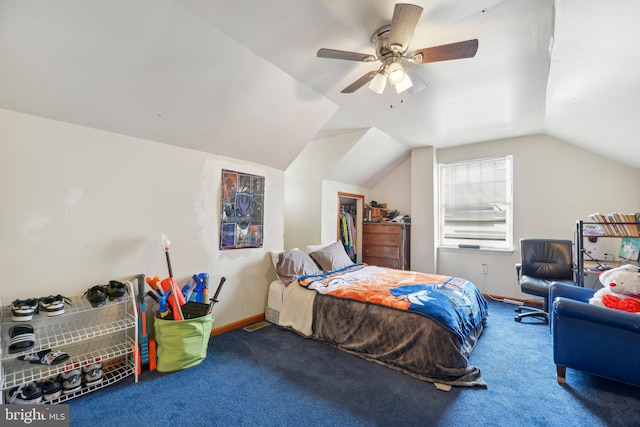 bedroom featuring lofted ceiling, ceiling fan, carpet, and baseboards