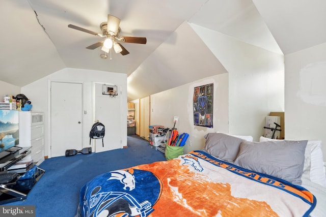 bedroom with lofted ceiling, carpet, and ceiling fan