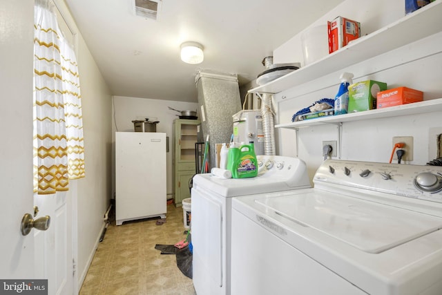 laundry room with laundry area, visible vents, electric water heater, washer and dryer, and light floors