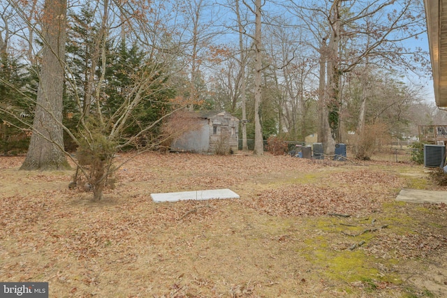 view of yard with central AC unit and an outdoor structure