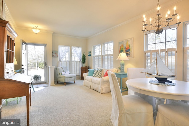 dining area featuring light carpet, ornamental molding, and an inviting chandelier