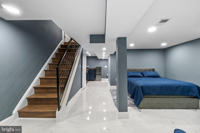 bedroom with recessed lighting, marble finish floor, visible vents, and baseboards