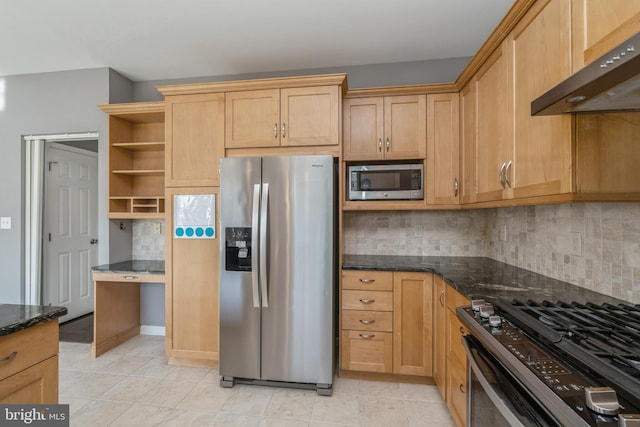 kitchen with stainless steel appliances, under cabinet range hood, dark stone countertops, and open shelves