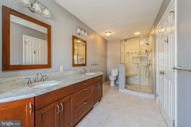 full bathroom featuring toilet, a stall shower, and a sink